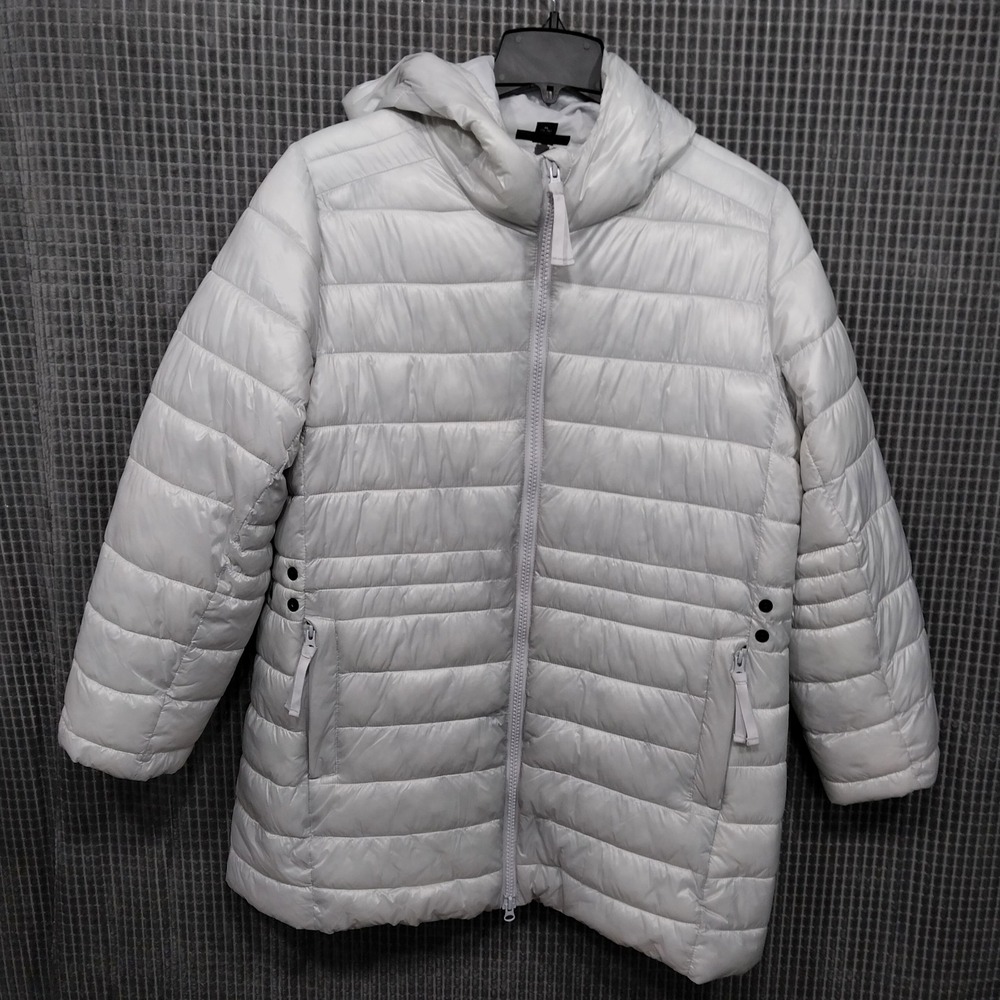 SwissTech Womens Puffer Jacket Quilted Hooded Snap Waist XL Lt Gray